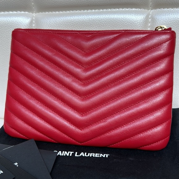 Saint Laurent Red Calfskin Matelasse Chevron Monogram pouch clutch bag - Picture 2 of 13